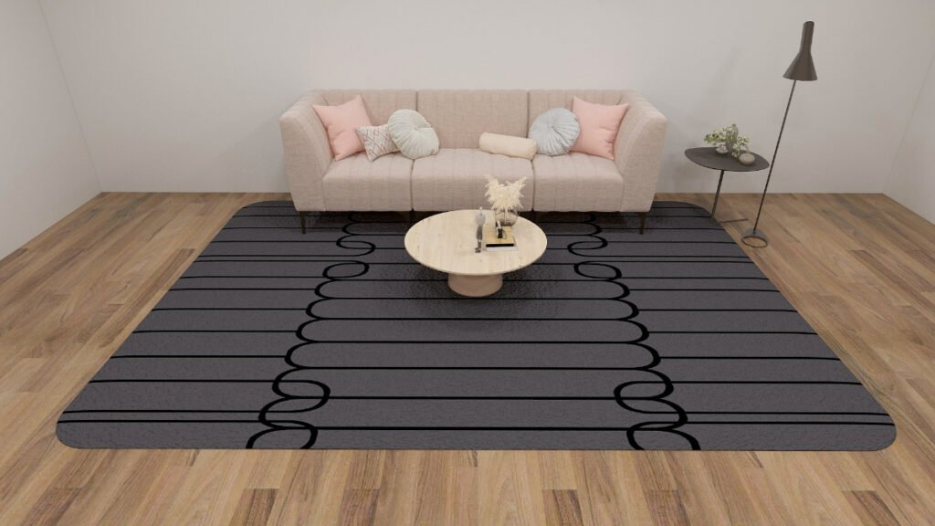 Synthetic Black Rug with Beige Couch