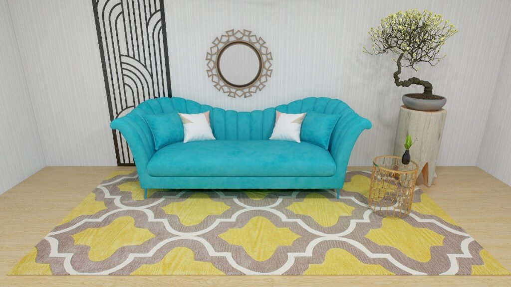 Traditional Yellow Rug with Teal Sofa