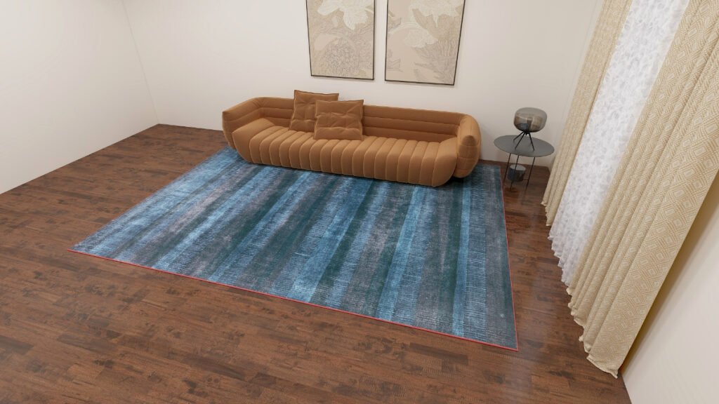 Turquoise rug with Dark wood Floors
