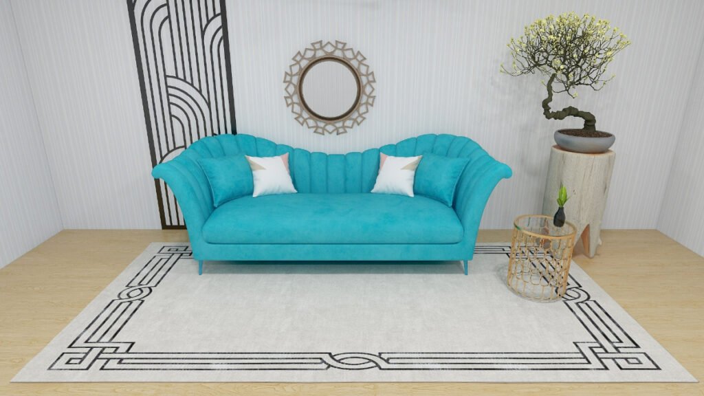 White Bordered Rug with Teal Sofa