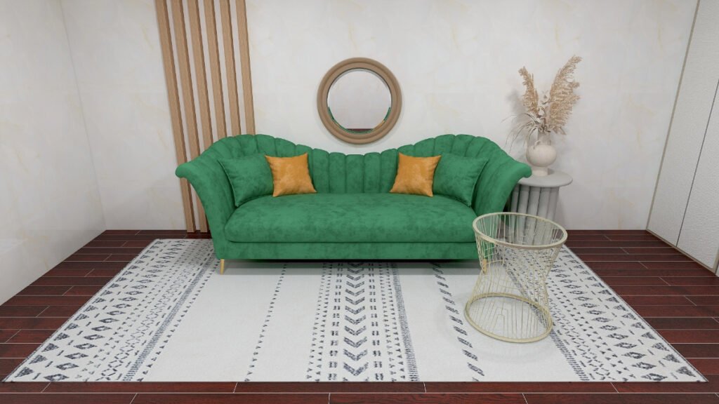 White Moroccan Rug with a Green Couch