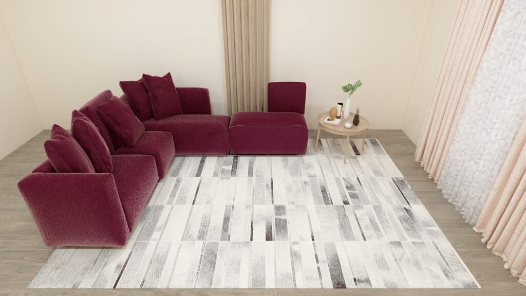 White Striped Rug with Burgundy Couch