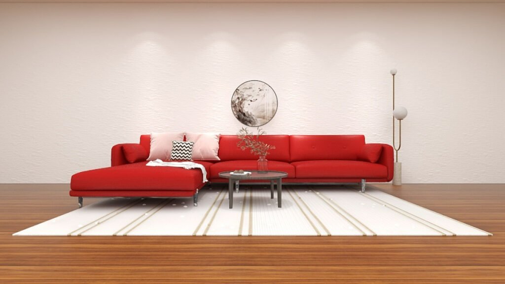 White Striped Rugs with a Red Couch