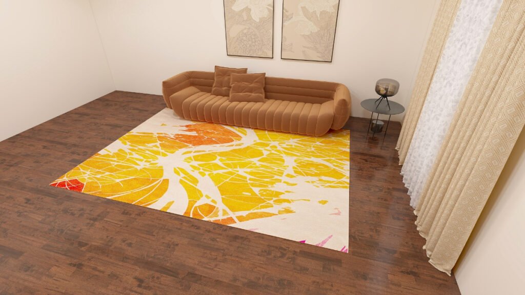Yellow Watercolor Rug with Dark Wood Floor