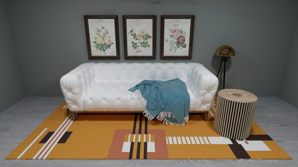 Abstract Orange Rug with White Sofa