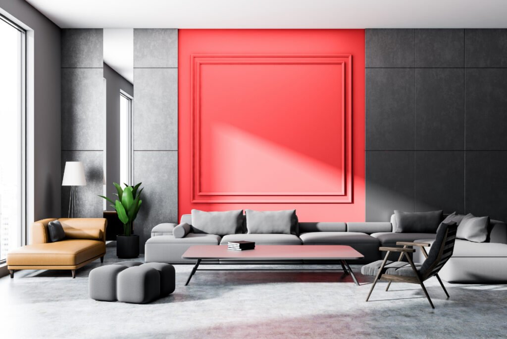 Bright Red Accent Wall with Dark Gray Decor