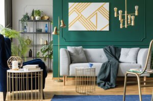Dark Green Accent Wall with Light Gray Decor