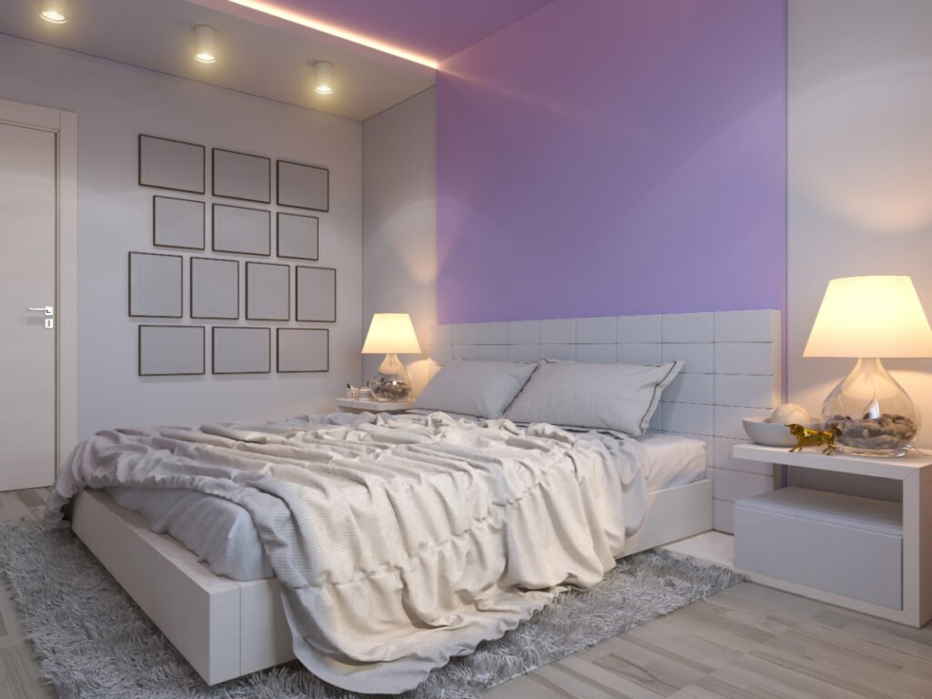 Lilac Accent Wall in a Gray Bedroom