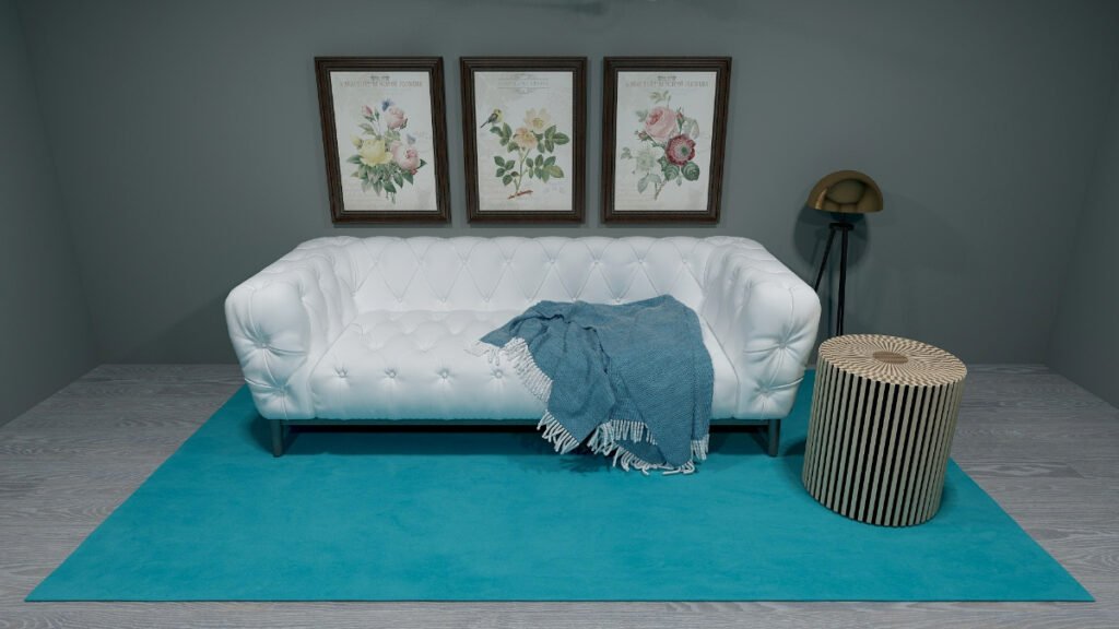 Plain Teal Rug with White Sofa