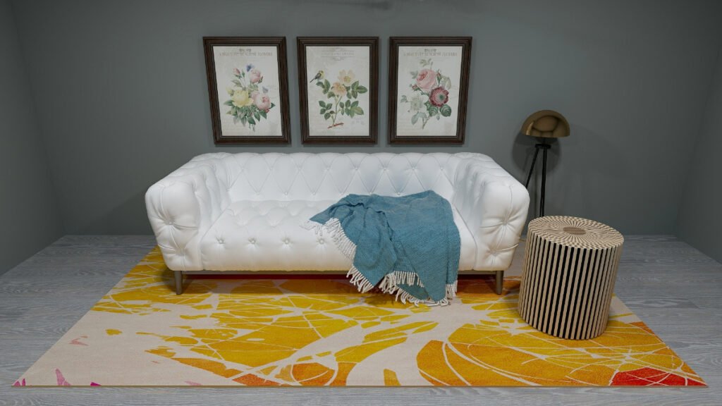 Textured Yellow Carpet with White Sofa
