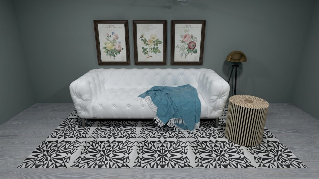 White Plaid Carpet with a White Sofa