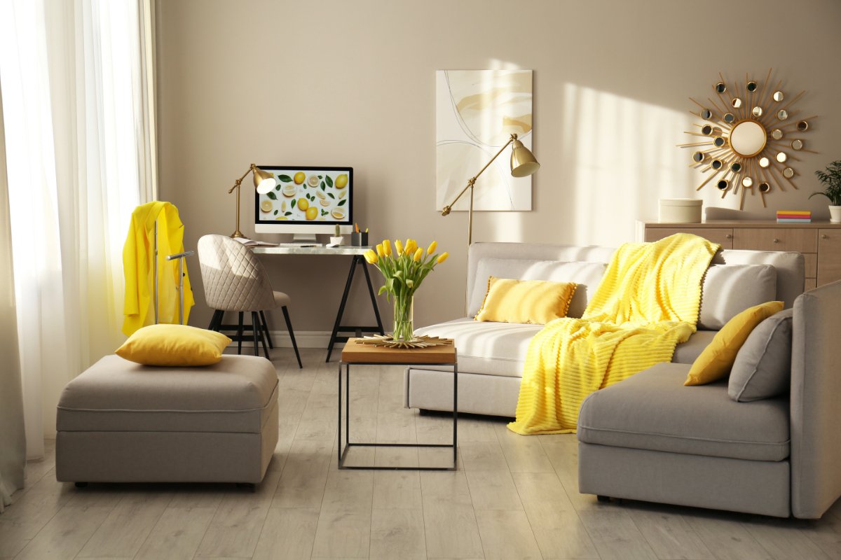 Beige Living Room With Yellow Accents