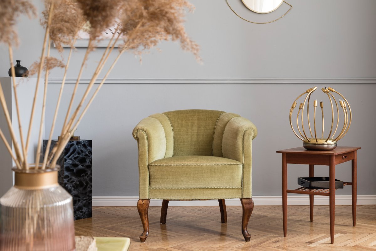 Gray Living Room With Faded Gold Accent Chair