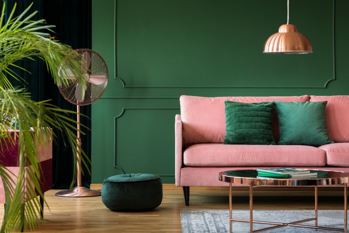 Green Living Room With Blush Sofa