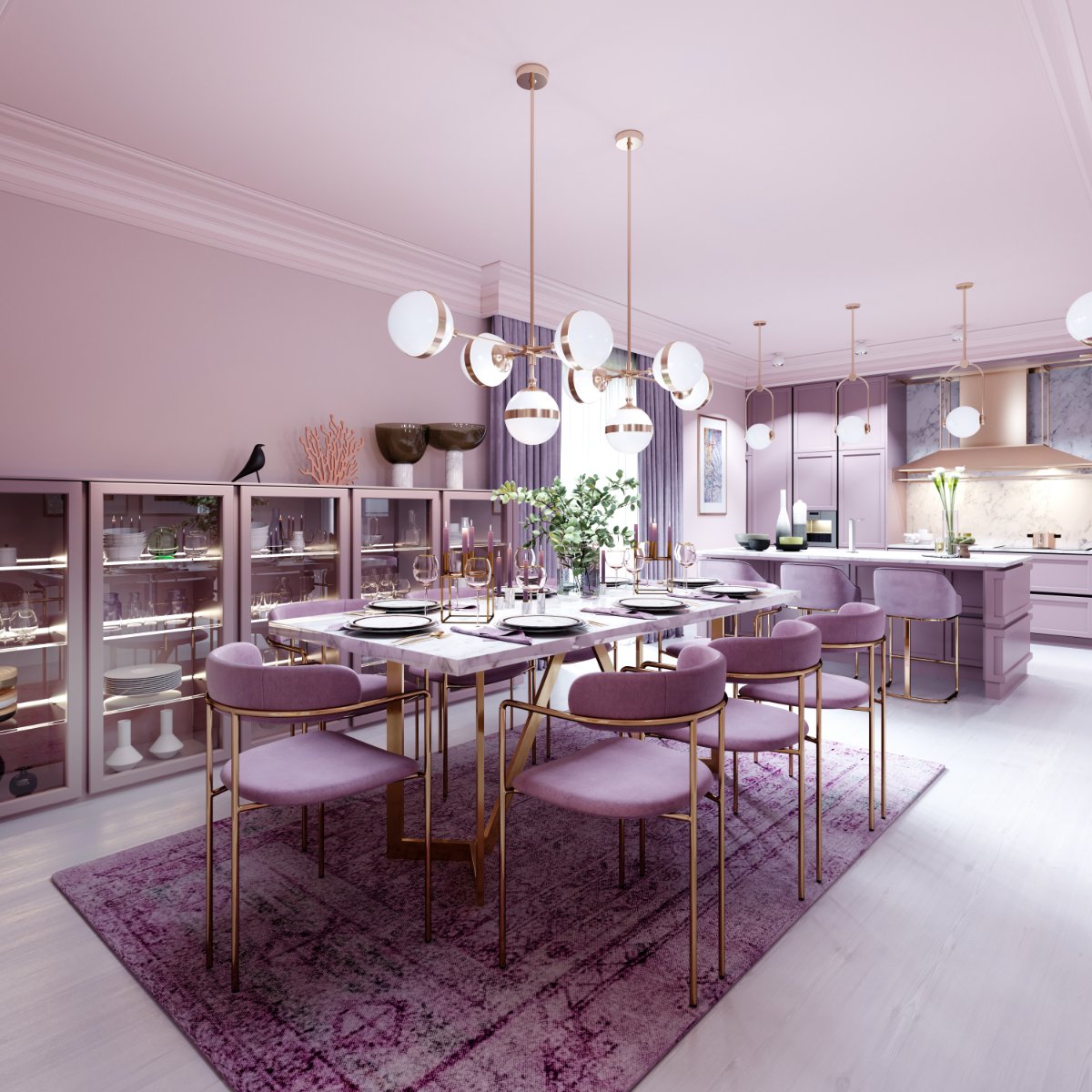 Lilac Dining Room With Gold Accents and Lightings