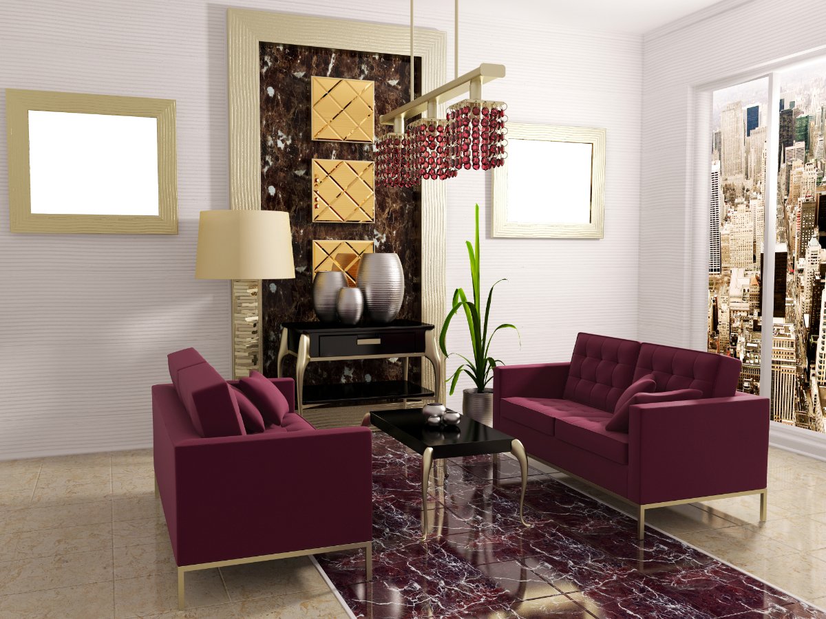 Living Room Interior With Burgundy Furniture and Metallic Gold Accents