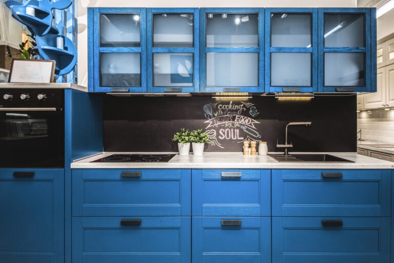 Countertops team with Blue Cabinets