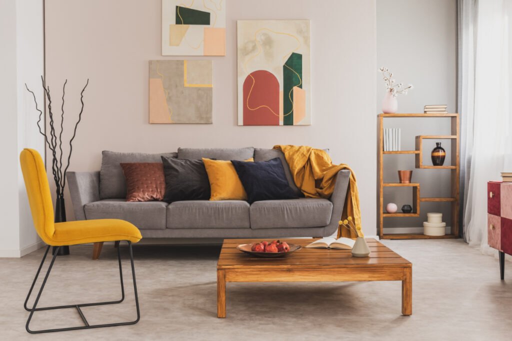 Living Room With Gray Sofa Yellow Chair