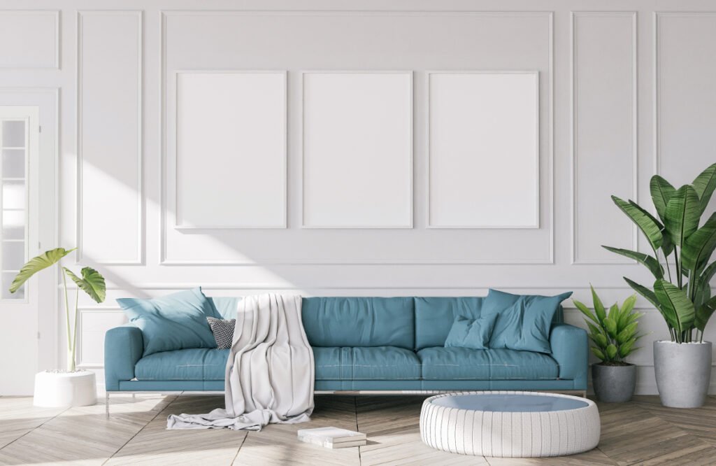 Living Room With Turquoise Sofa Dark Floors