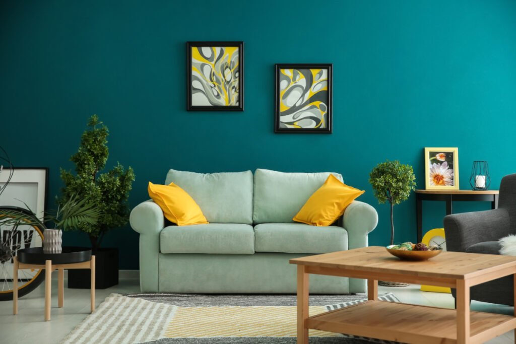 Mint Green Couch Dark Floors Living Area