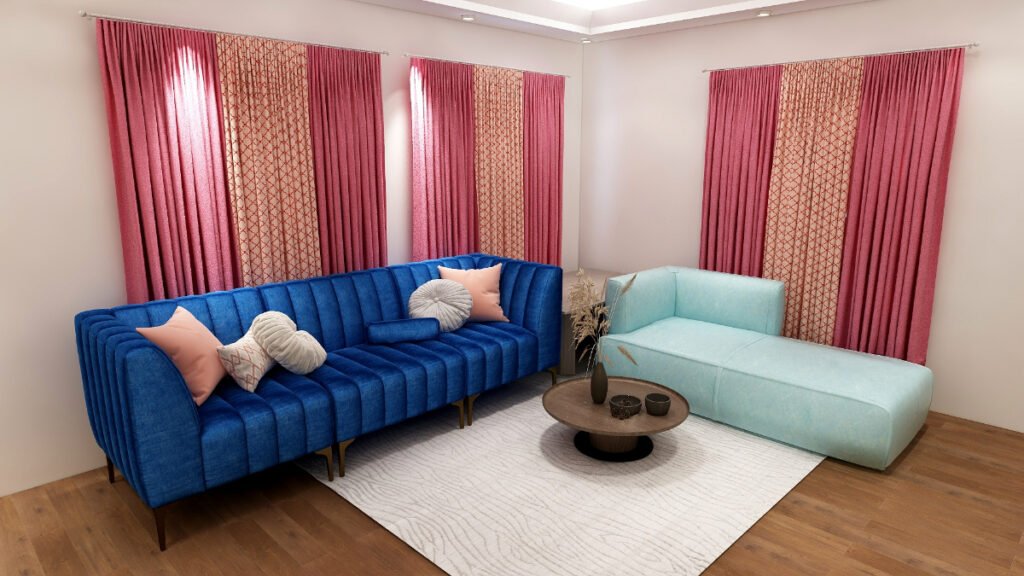 Baby Pink Curtains with Blue Couch