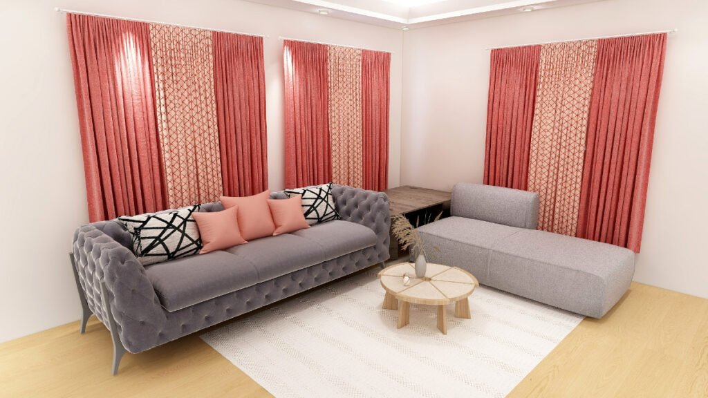 Baby Pink and Dusty Pink Curtains with a Gray Couch