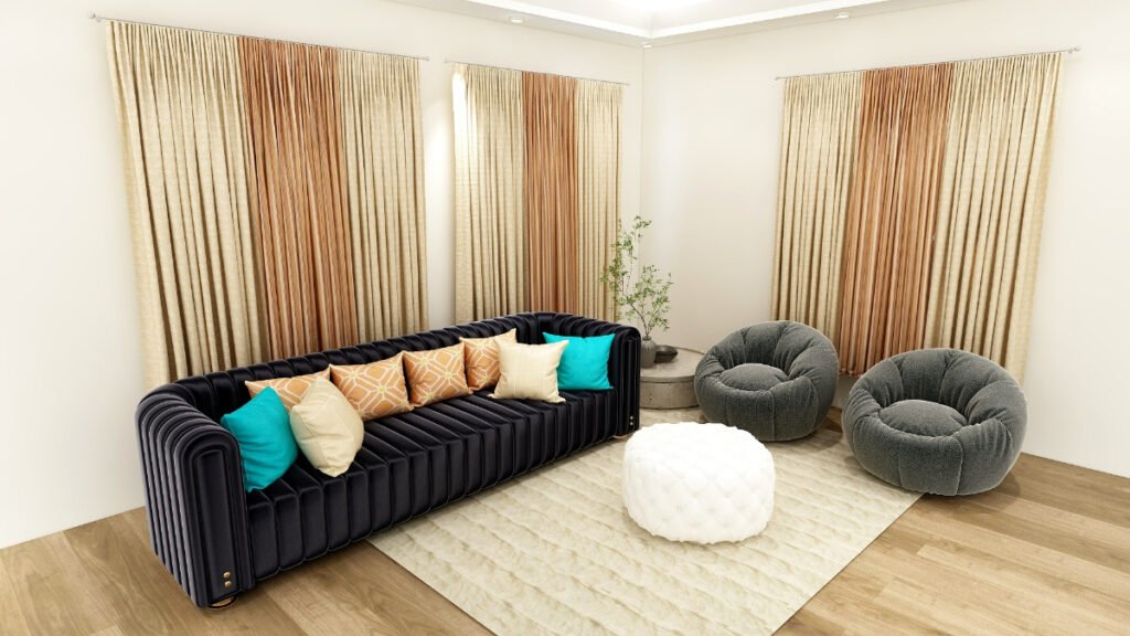 Beige Curtains with Black Sofas