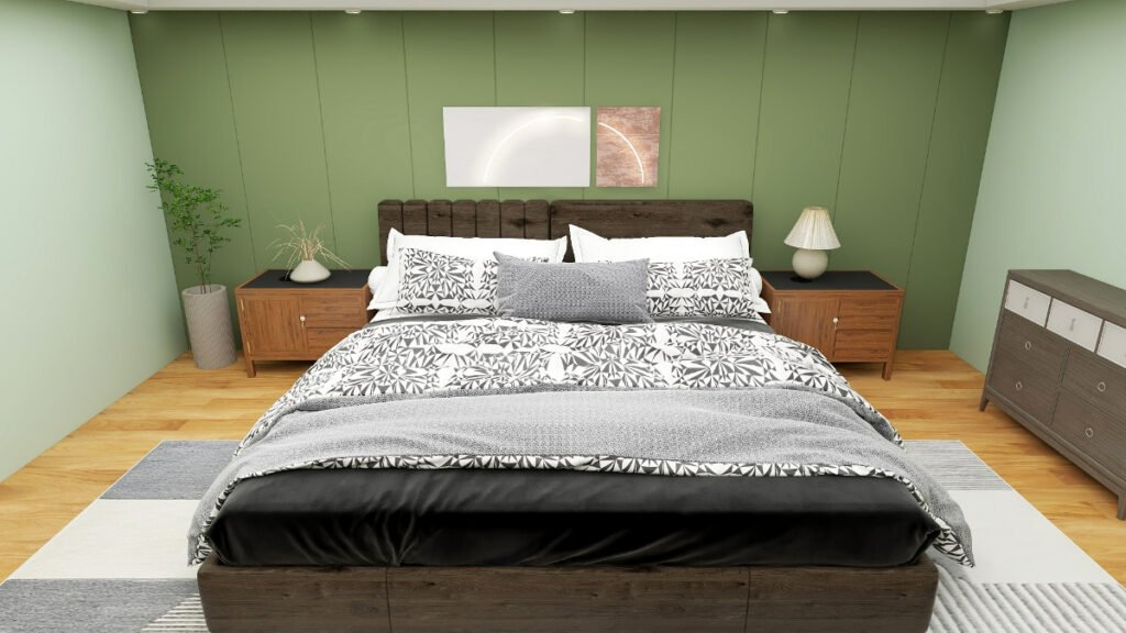 Black Bedding with Sage Green Walls