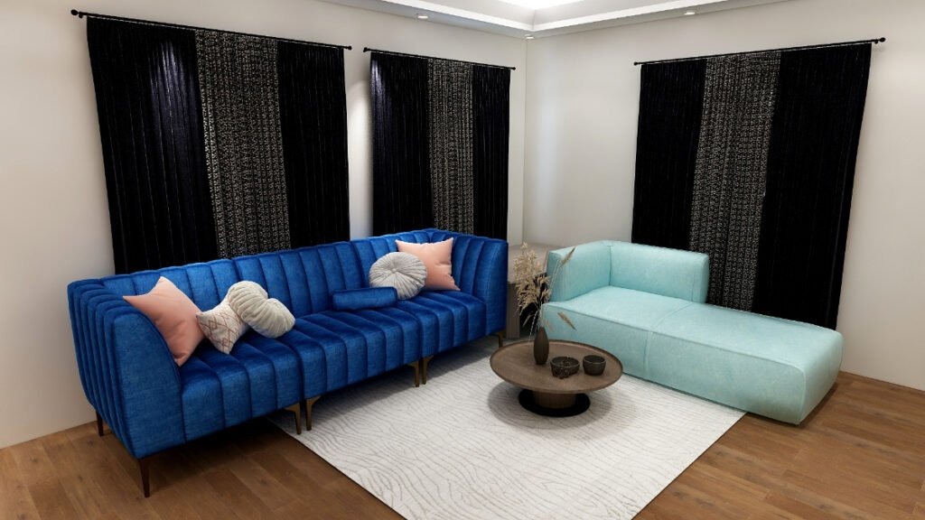 Black and Textured Curtains with Blue Sofa