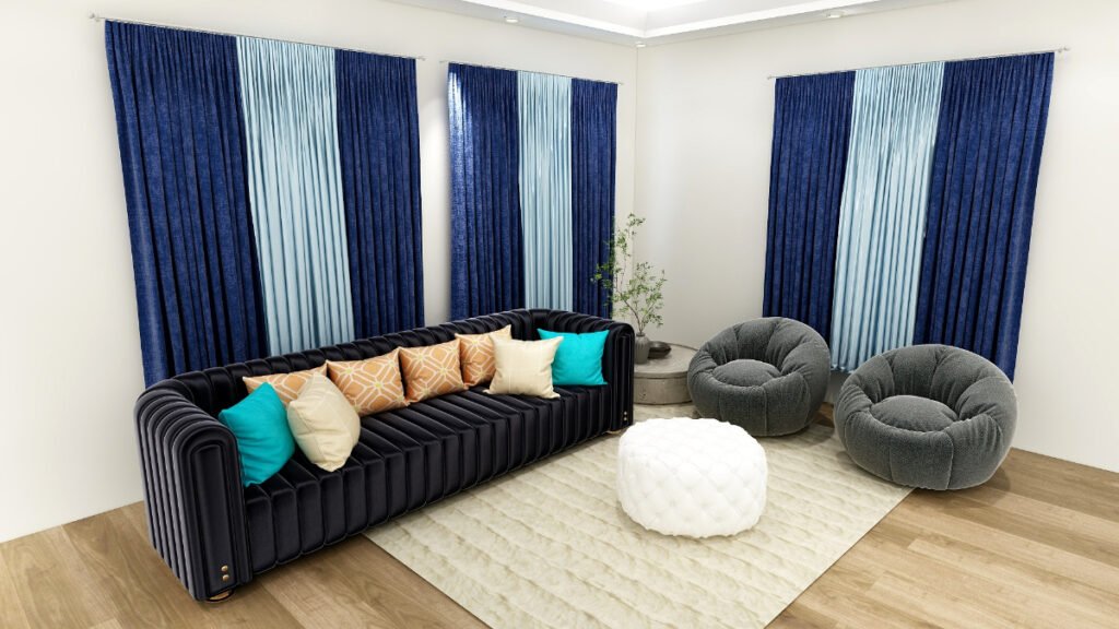 Blue Curtains with Black Sofa