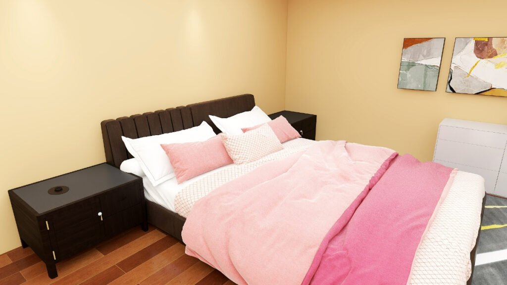 Blush Dusty Pink Bedding against Tan Walls