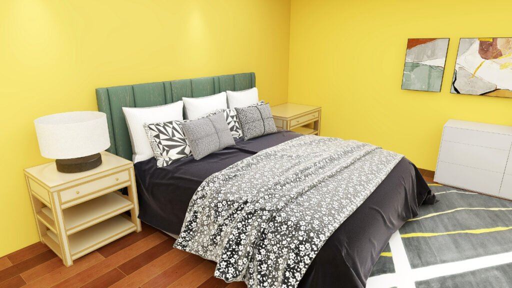 Bold Black Bedding with Yellow Walls