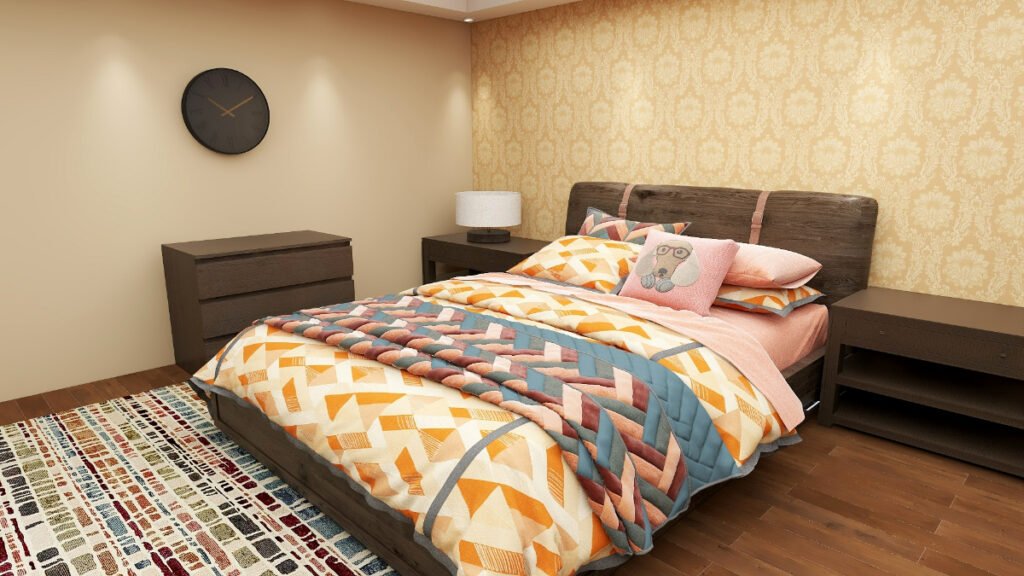 Bright Orange and Rust Bedding with Beige Walls