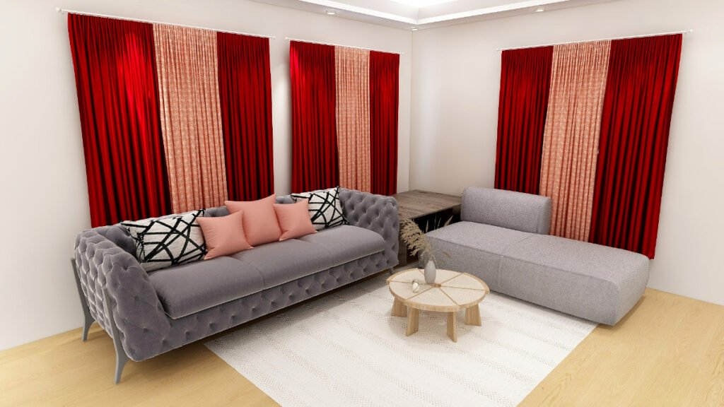 Bright Red Curtains for a Gray Sofa