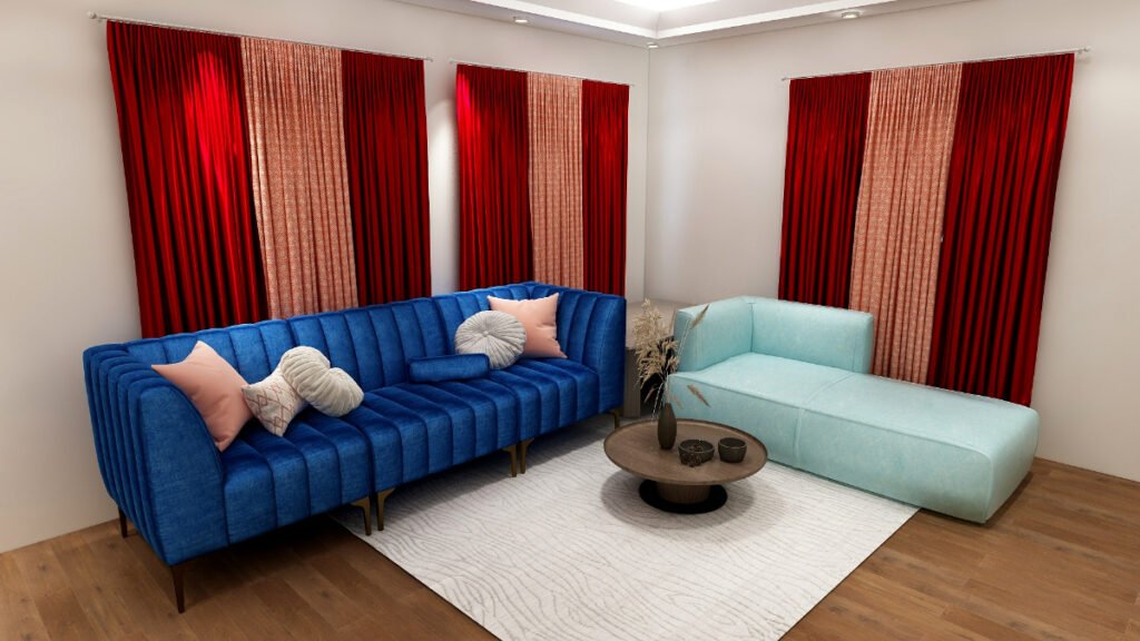 Bright Red Curtains with a Blue Sofa