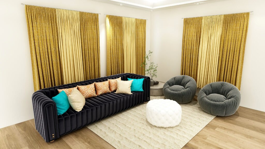 Bright Yellow Curtains with Black Couch