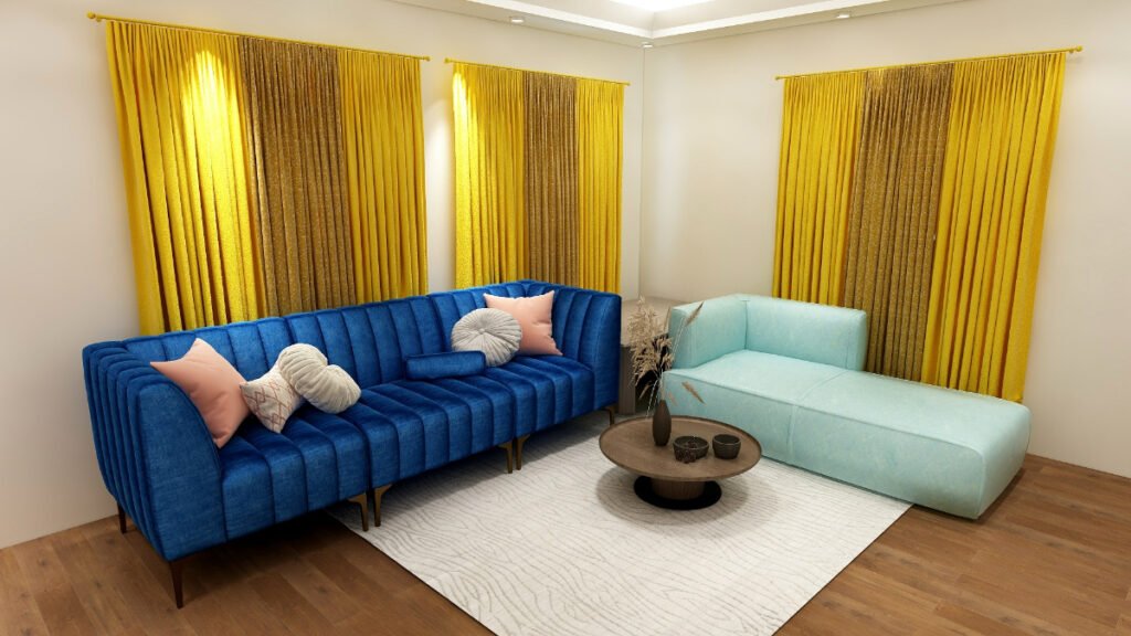 Bright and Golden Yellow Curtains for Blue Couch