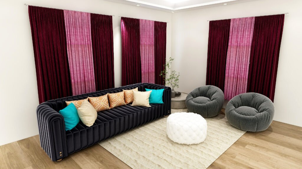 Burgundy Curtains Behind Black Couch