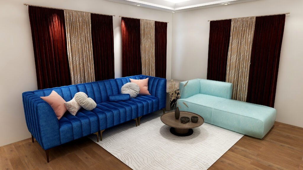 Chocolate Brown Curtains with Blue Sofa