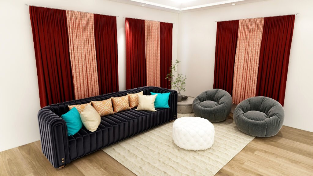 Copper Colored Curtains with Black Couch