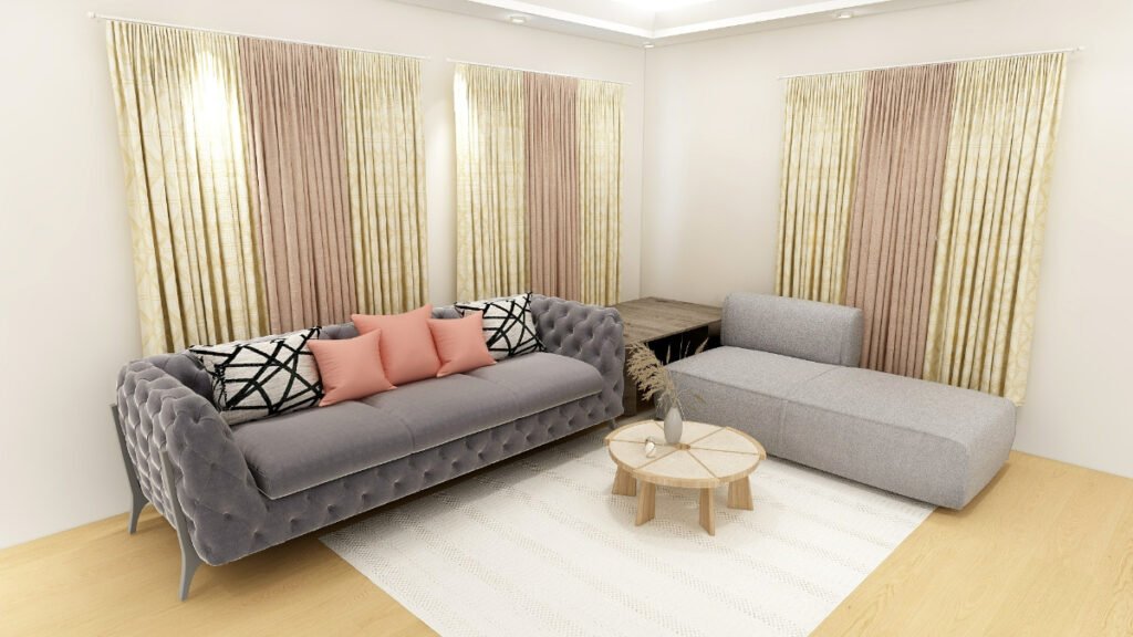 Cream Colored Curtains with a Gray Couch