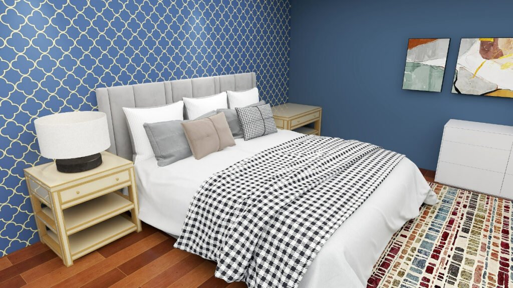 Crisp White Bedding with Gray Blue Walls