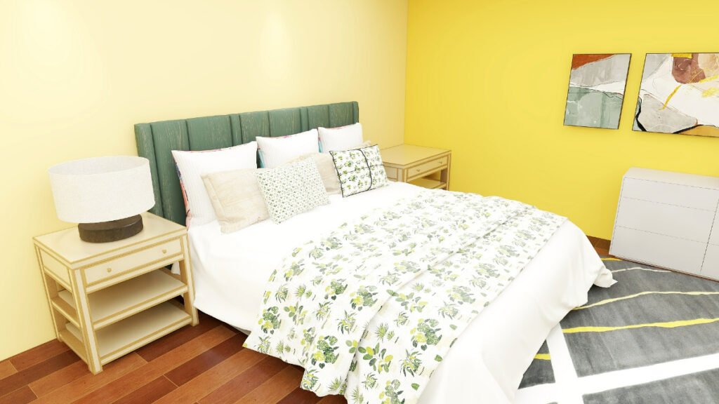 Crisp White Bedding with Yellow Walls