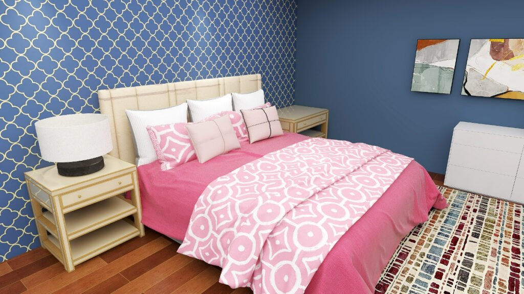 Dark Baby Pink Bedding with Gray Blue Walls