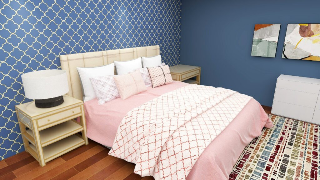 Dreamy Blush Bedding with Bright Blue Walls