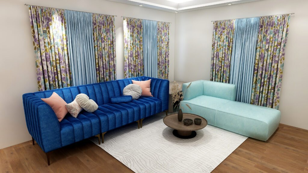 Floral Curtains with a Blue Sofa