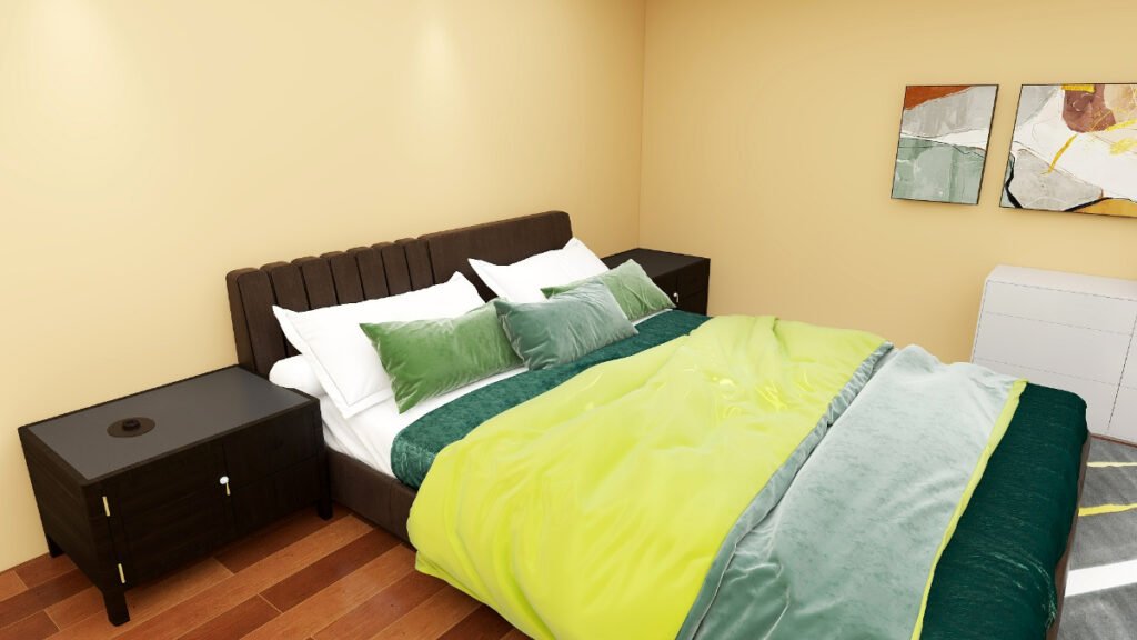 Green Bedding Color for Tan Walls