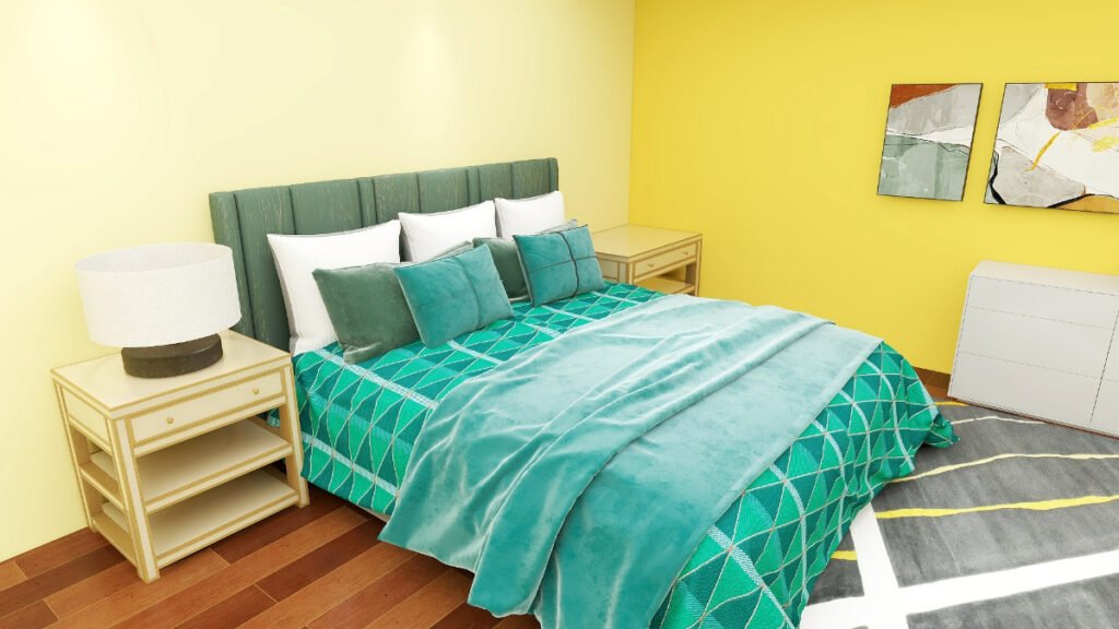 Green Bedding with Yellow Walls