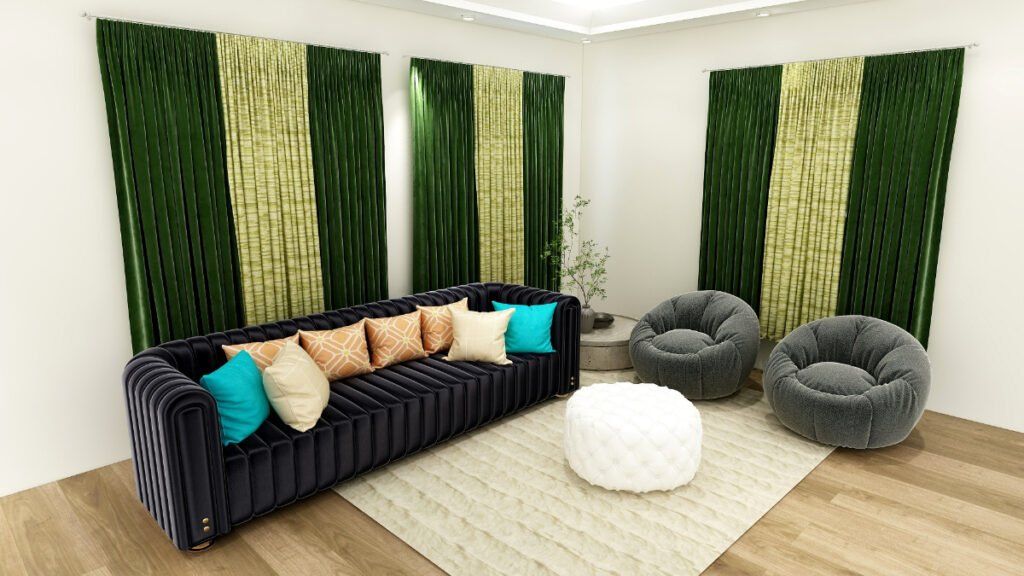 Green Color Curtains with Black Sofa