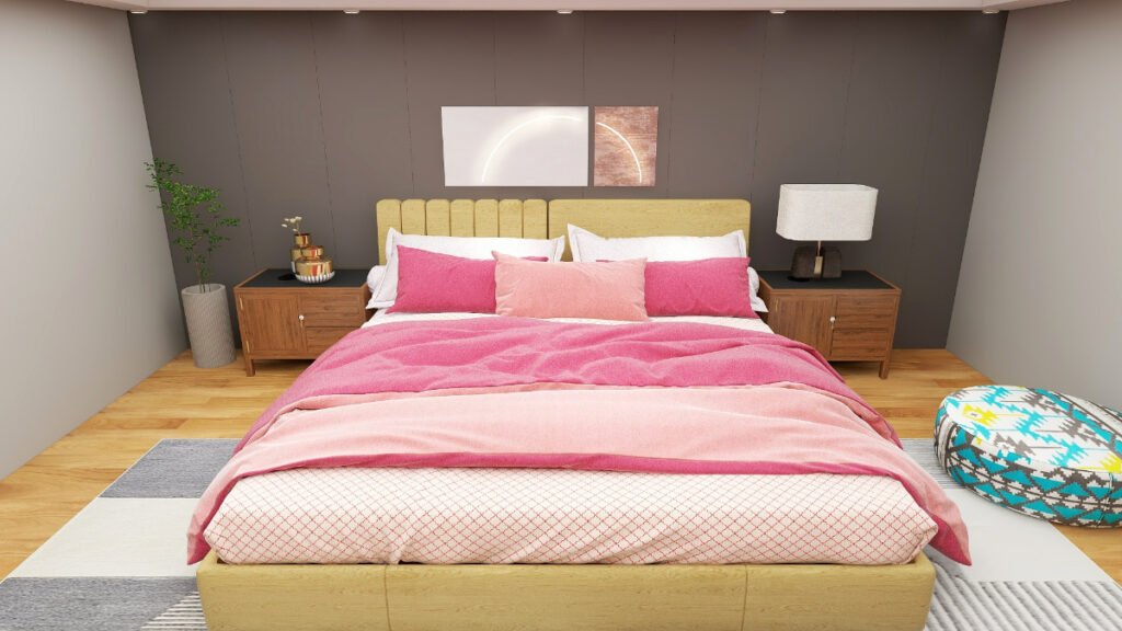 Hues of Pink Bedding with Gray Walls